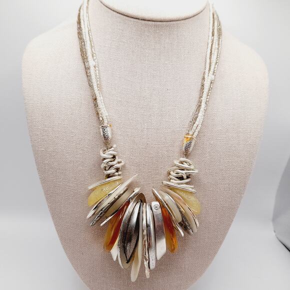 Chico’s Mixed Metal Lucite Shell Glass Charm Statement Necklace 24” - Picture 1 of 9